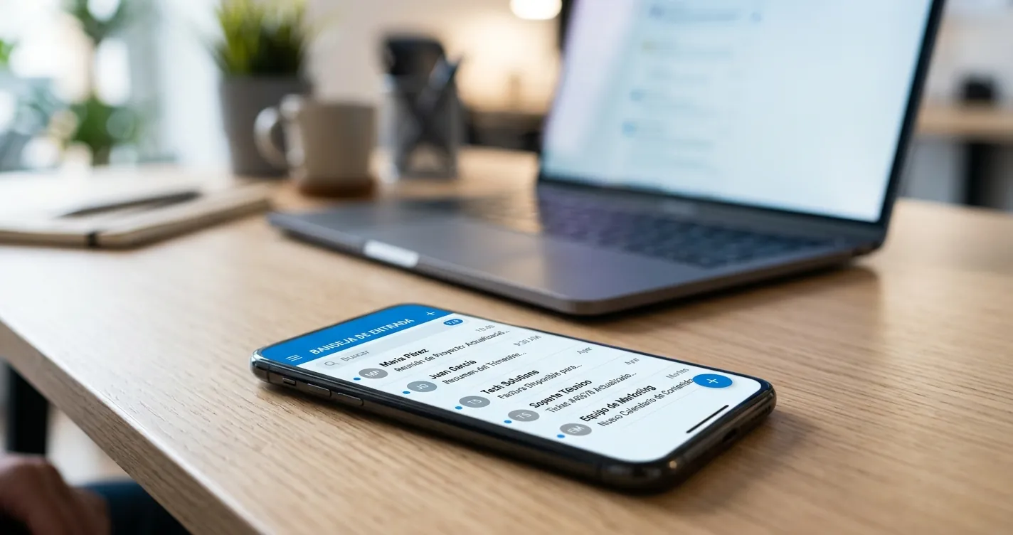 Configurar correo Nauta en Gmail - Smartphone mostrando bandeja de correo electrónico con laptop al fondo