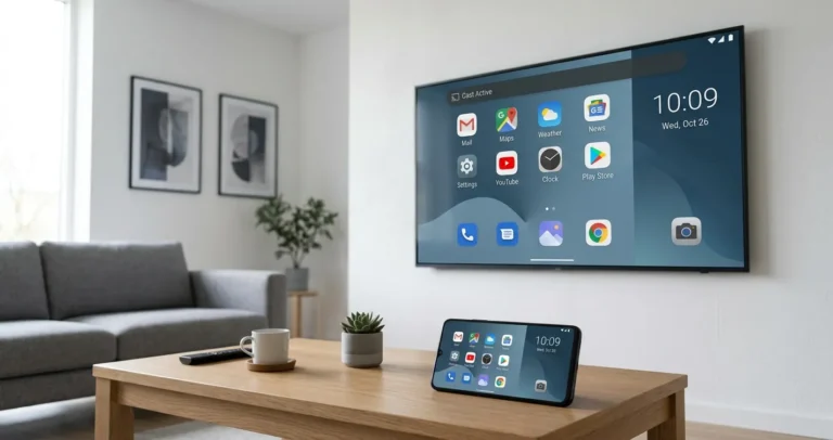 Configurar Miracast en Smart TV Samsung y LG - smartphone Android duplicando pantalla en televisor moderno