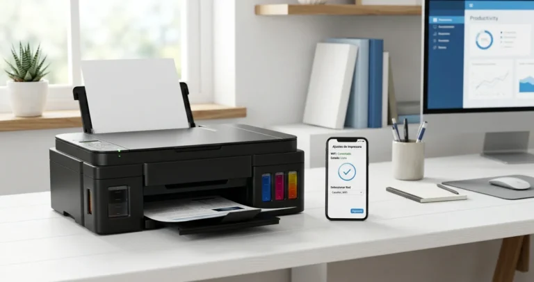Configurar impresora Epson EcoTank por WiFi - impresora de tanque de tinta en escritorio con smartphone configurando conexión inalámbrica