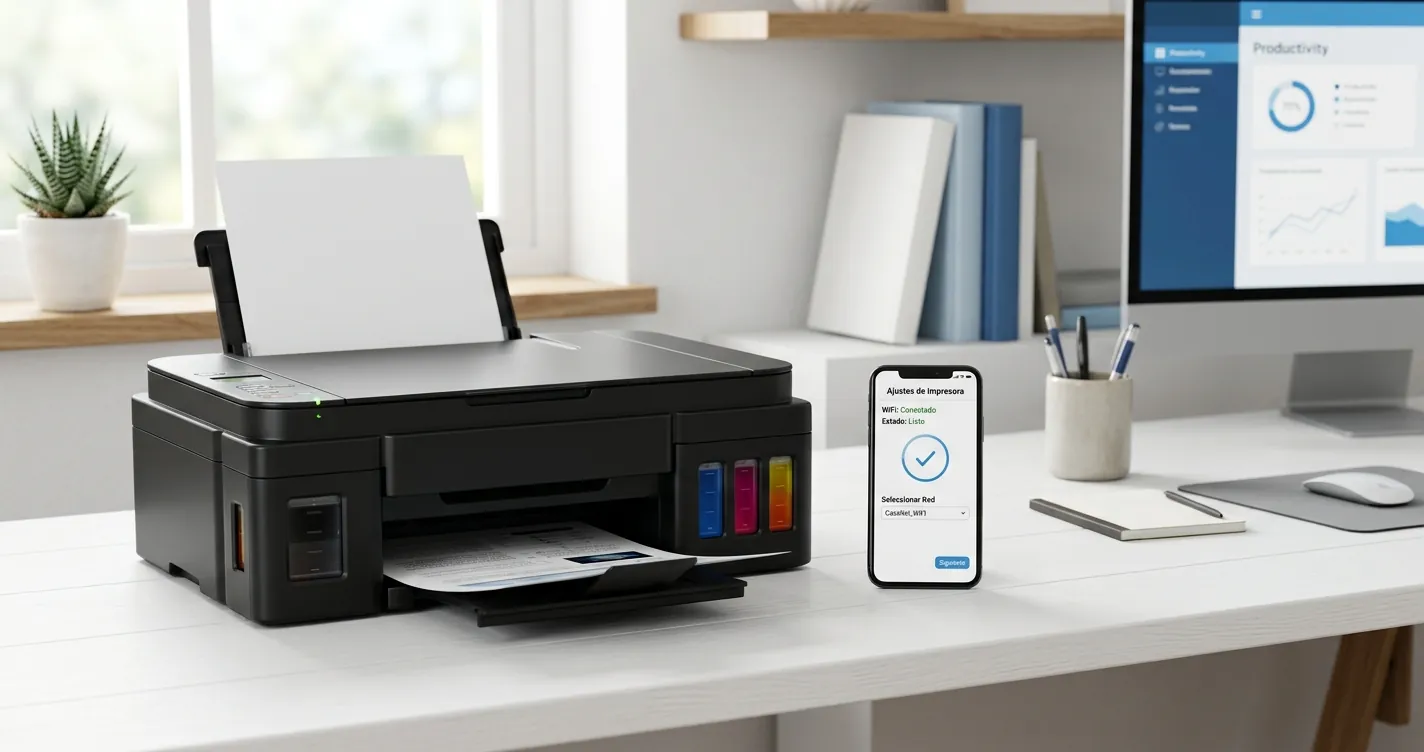 Configurar impresora Epson EcoTank por WiFi - impresora de tanque de tinta en escritorio con smartphone configurando conexión inalámbrica
