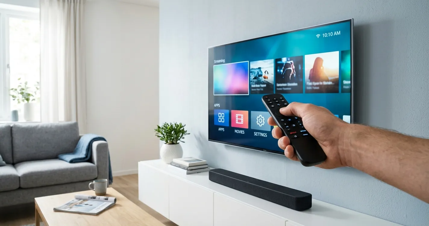 Configurar control universal para TV - Mano sosteniendo control remoto universal frente a televisor moderno