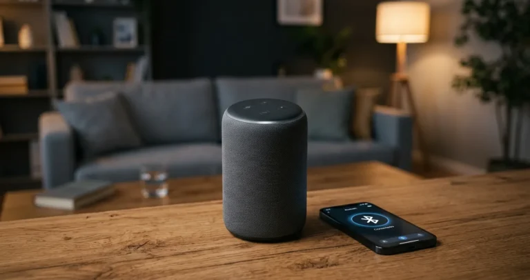 Configurar Alexa como altavoz Bluetooth - dispositivo Echo emparejado con celular en una sala moderna