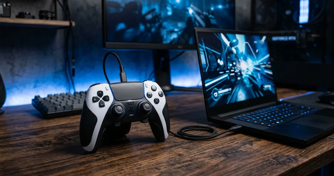 Configurar mando PS5 DualSense en PC - mando de videojuegos conectado a laptop gaming por cable USB-C
