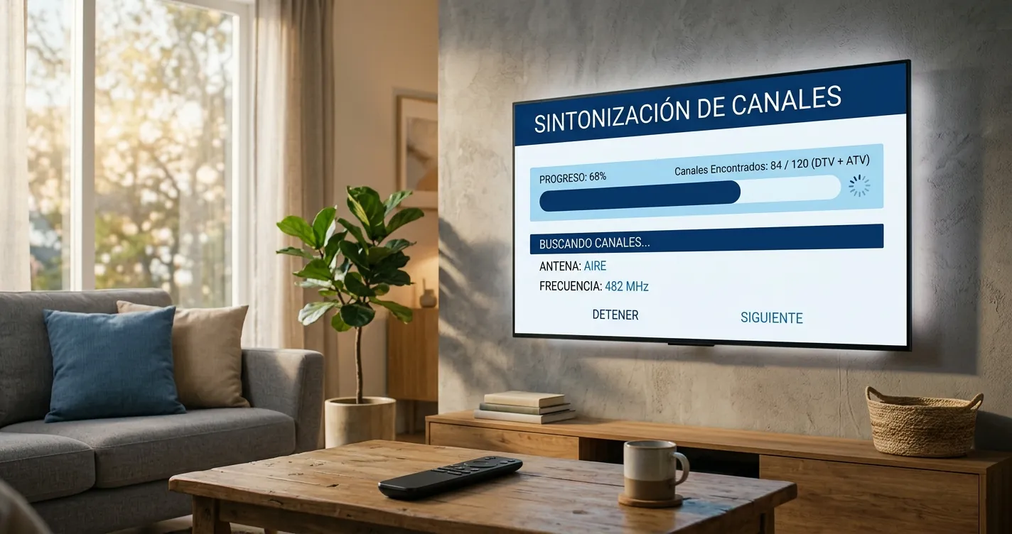 Configurar canales TV Hisense - Televisor mostrando menú de sintonización automática en sala moderna
