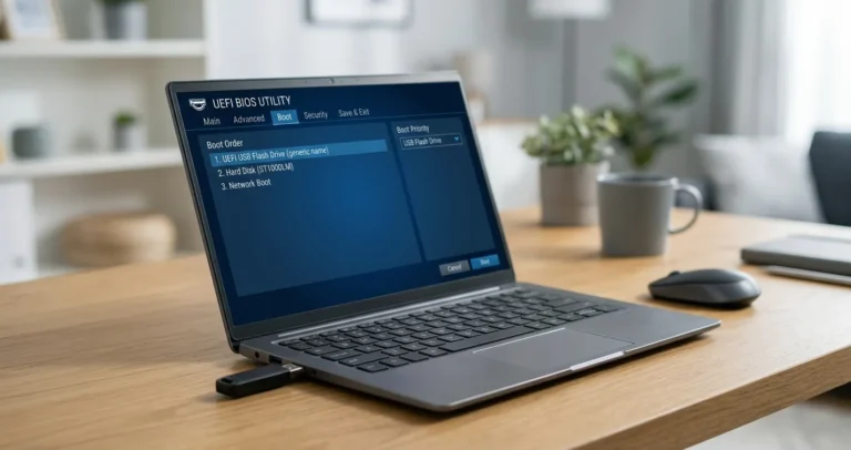 Configurar BIOS HP para arrancar desde USB - laptop con pantalla de BIOS y memoria USB conectada