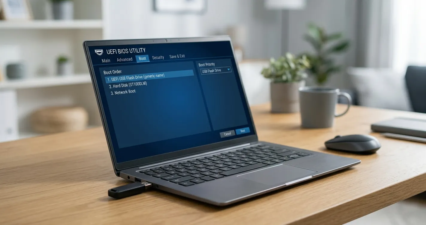 Configurar BIOS HP para arrancar desde USB - laptop con pantalla de BIOS y memoria USB conectada