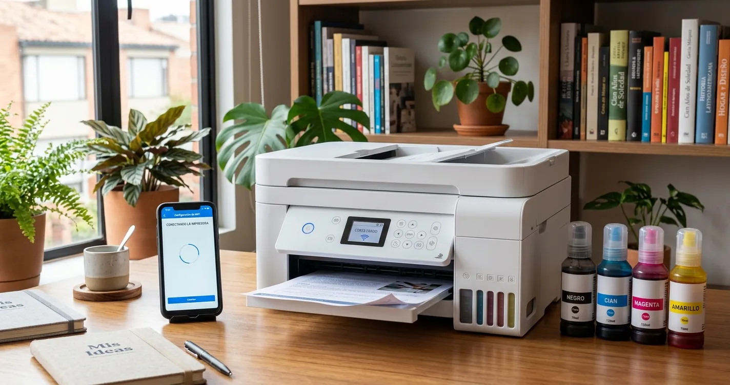 Configurar impresora HP Smart Tank 515 WiFi - Multifuncional de tanque de tinta junto a smartphone con pantalla de configuración inalámbrica