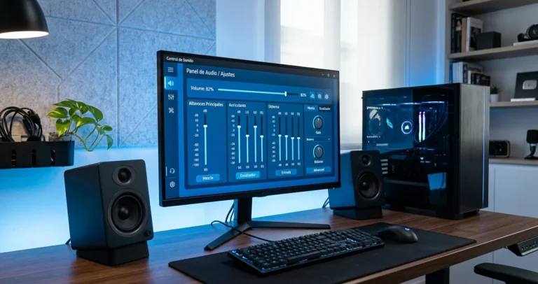 Configurar sonido pc windows 10 - Panel de configuración de audio en monitor con parlantes de escritorio