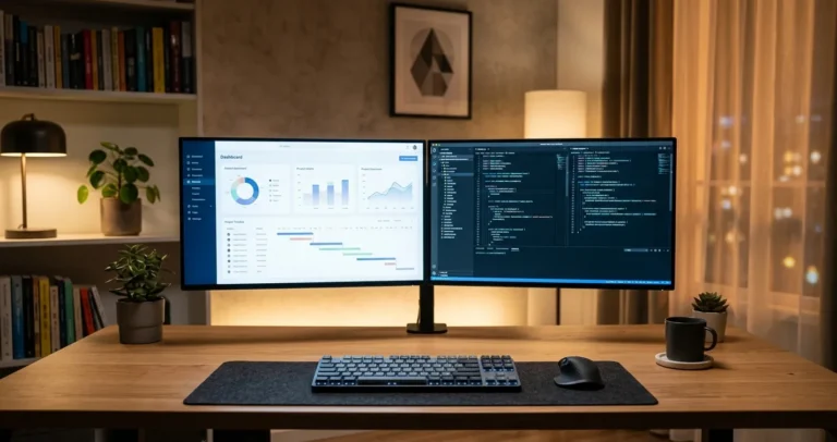 Configurar doble monitor en Windows 10 y 11 - escritorio con dos monitores extendidos mostrando ventanas de productividad