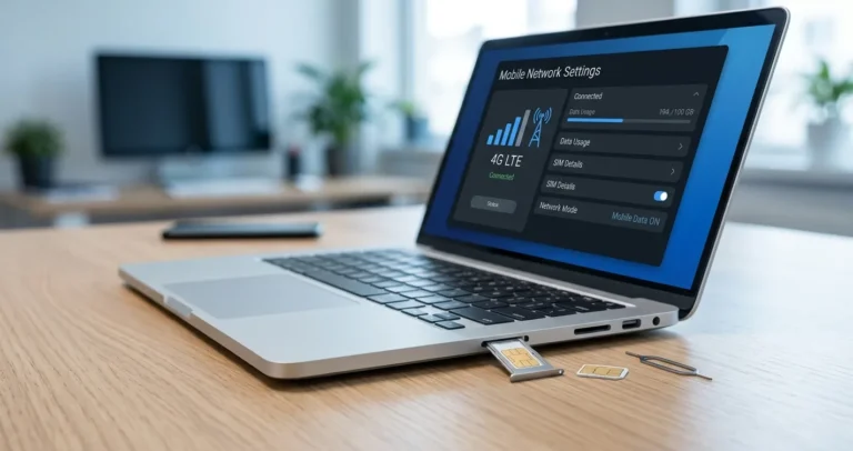 Configurar tarjeta SIM en Windows 10 y 11 - laptop con bandeja SIM extraída y panel de red móvil en pantalla