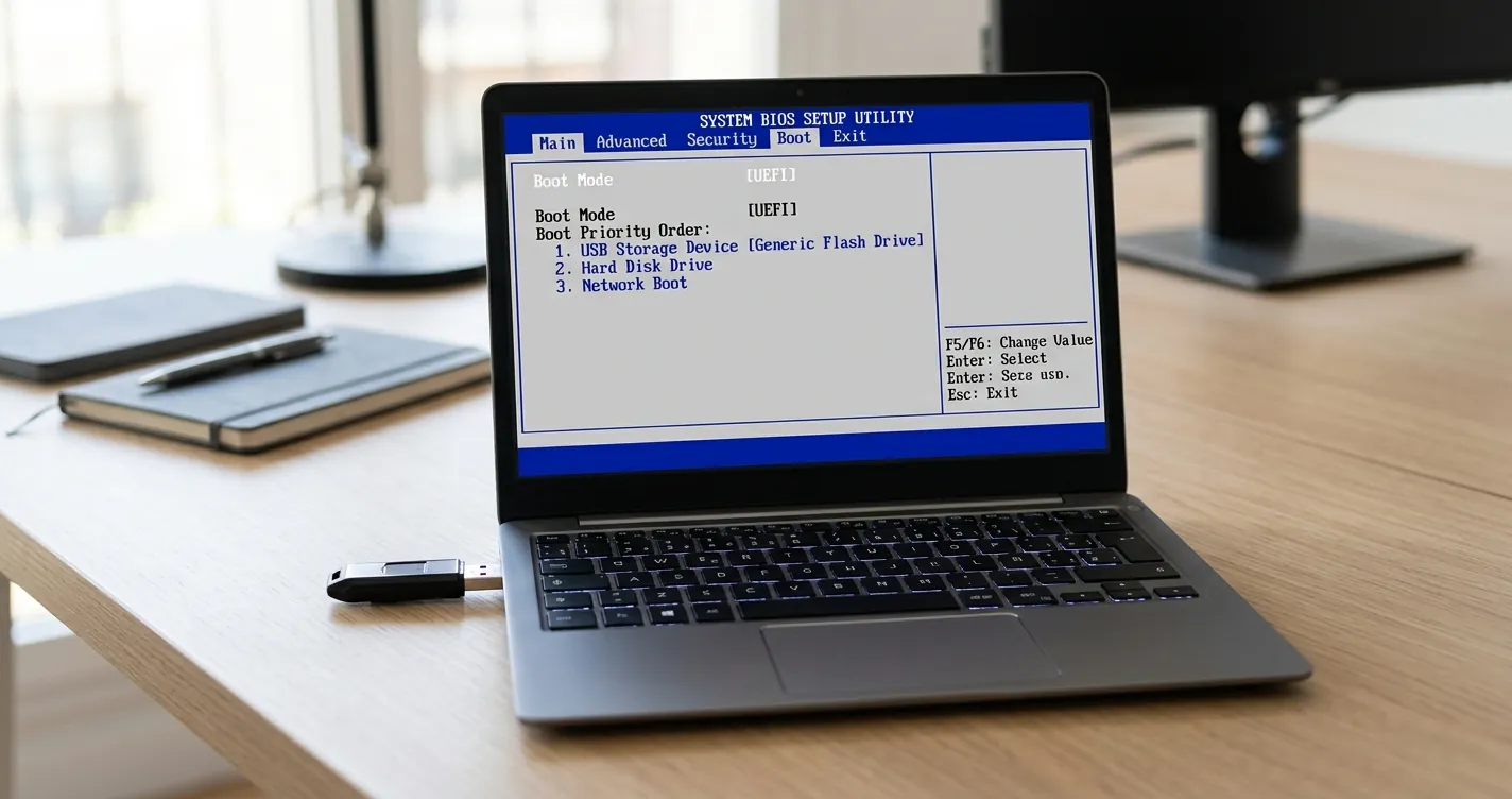 Configurar BIOS Lenovo para arrancar desde USB - laptop con pantalla de BIOS UEFI y memoria USB conectada