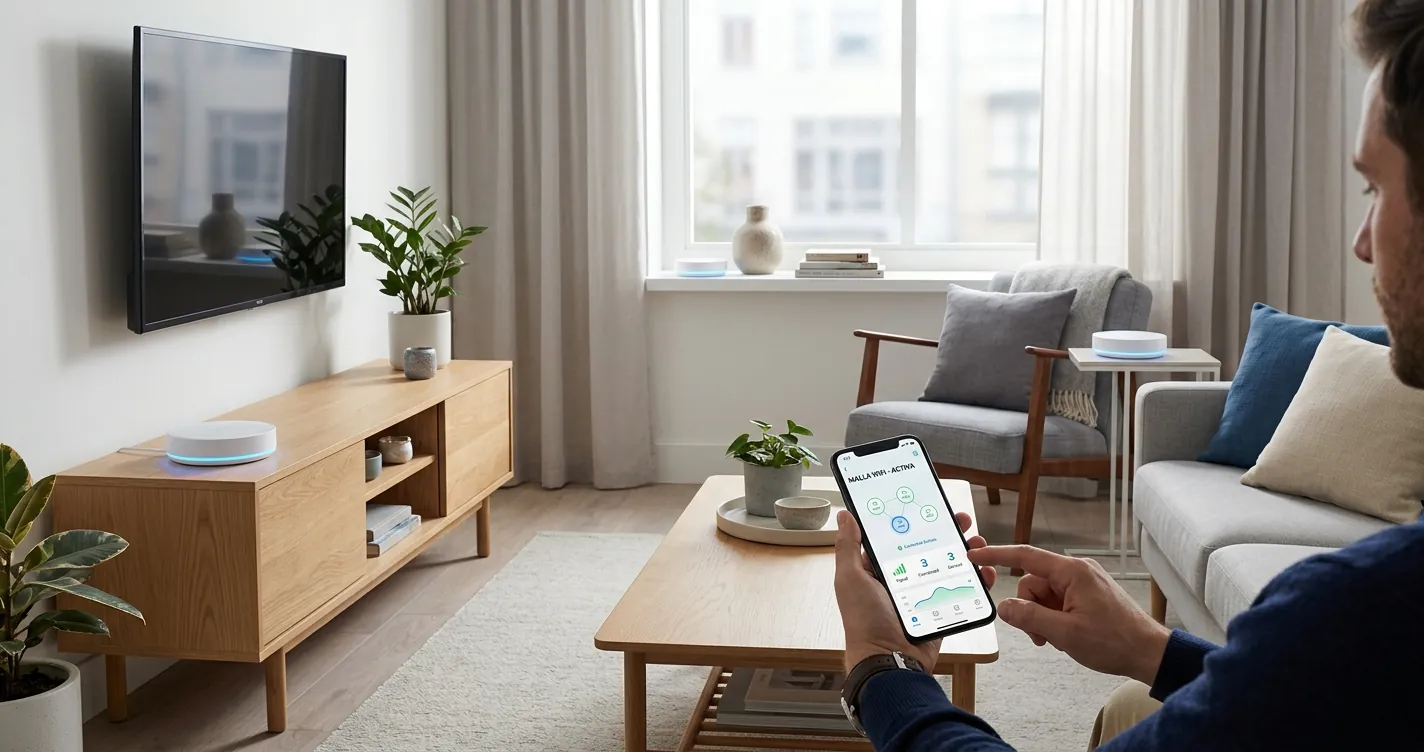 Configurar router mesh WiFi - Sistema de nodos mesh distribuidos en sala de casa moderna con smartphone mostrando app de configuración