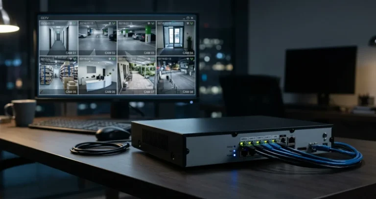 Configurar NVR Dahua - Grabador de video en red conectado mostrando mosaico de cámaras de seguridad en monitor
