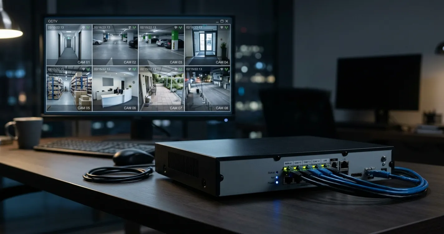 Configurar NVR Dahua - Grabador de video en red conectado mostrando mosaico de cámaras de seguridad en monitor
