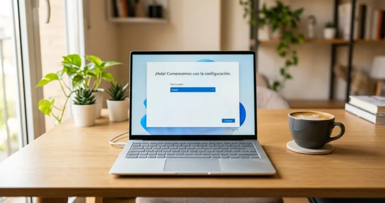 Configurar laptop HP en español - Pantalla de configuración inicial de Windows mostrando opciones de idioma sobre escritorio