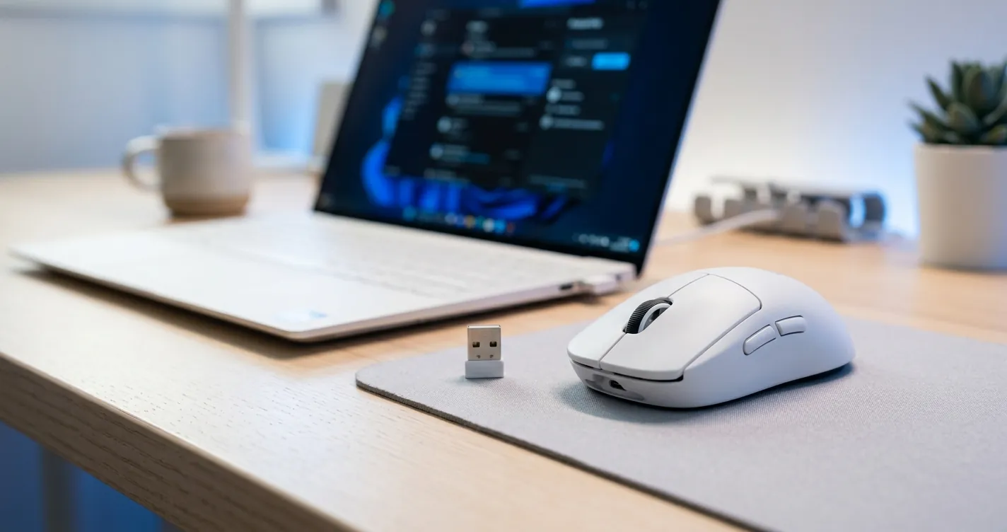 Mouse inalámbrico junto a receptor USB listo para configurar en una laptop