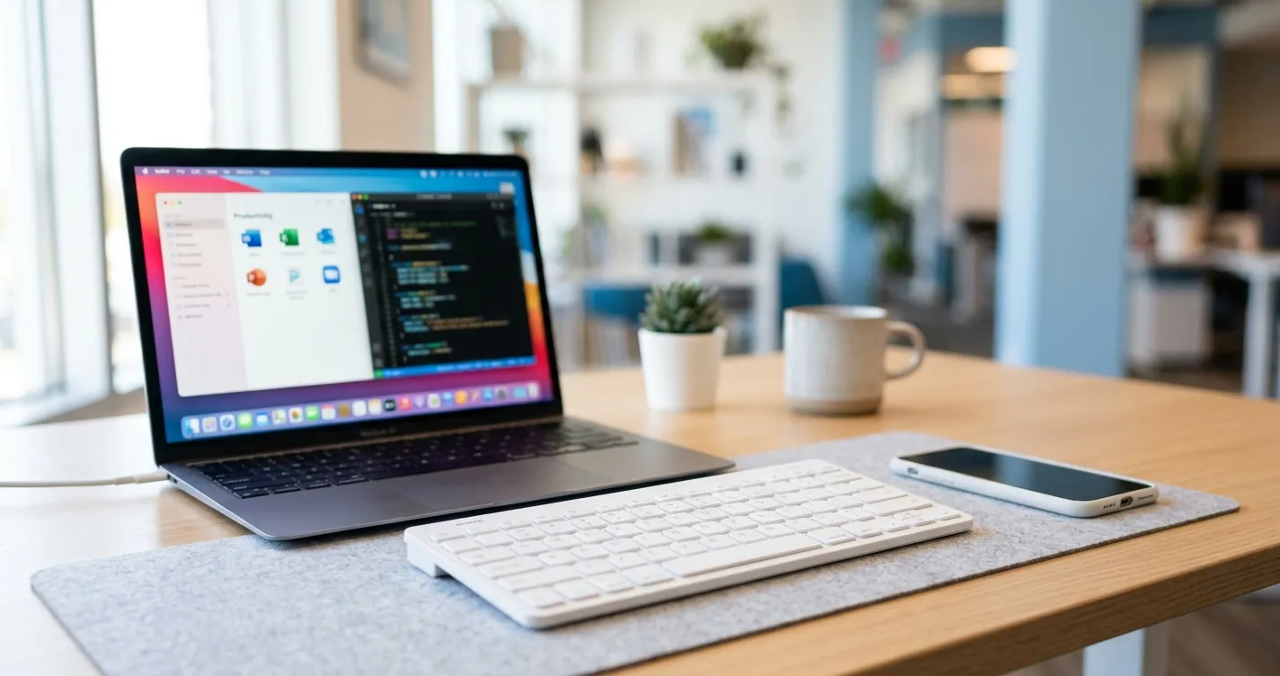 Configurar teclado Bluetooth: teclado inalámbrico junto a una laptop y un celular emparejados sobre un escritorio moderno