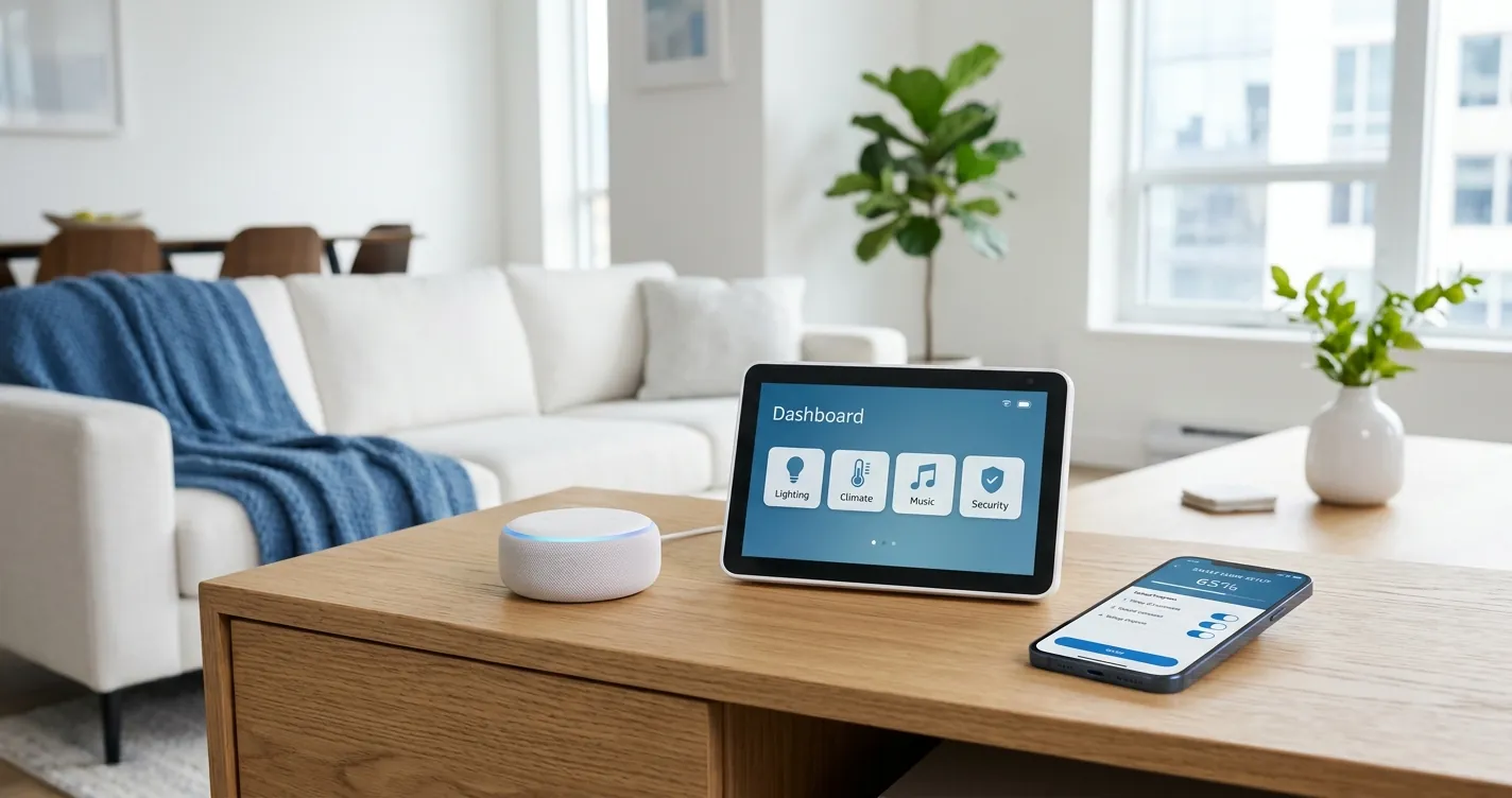Configurar Google Nest - altavoz Nest Mini y pantalla Nest Hub en una sala junto a un celular con la app de configuración