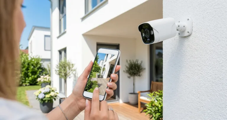 Configurar cámara IP WiFi para ver desde el celular: cámara de vigilancia y smartphone mostrando video en vivo