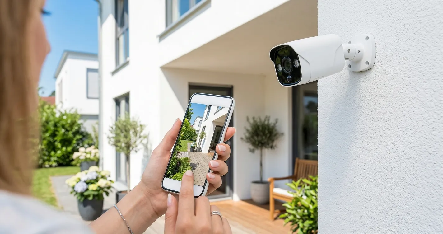 Configurar cámara IP WiFi para ver desde el celular: cámara de vigilancia y smartphone mostrando video en vivo