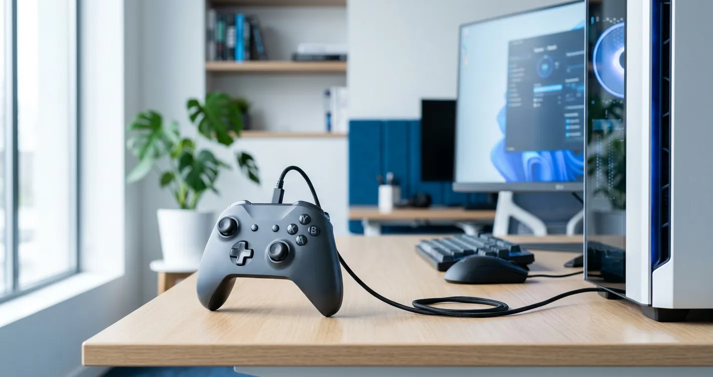 Configurar cualquier mando para PC - control de videojuegos conectado a una computadora en un escritorio moderno