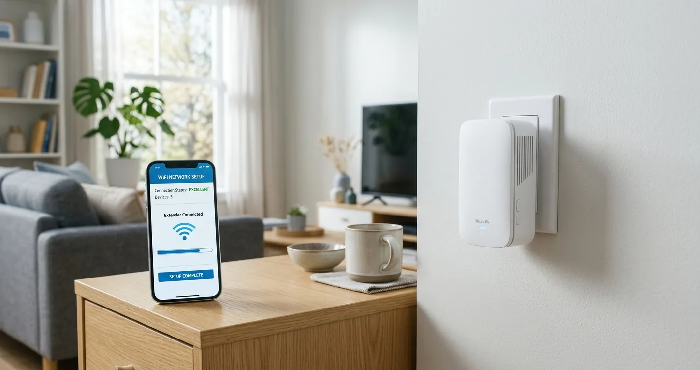 Configurar repetidor WiFi TP-Link enchufado en la pared de una sala con celular mostrando la app de red