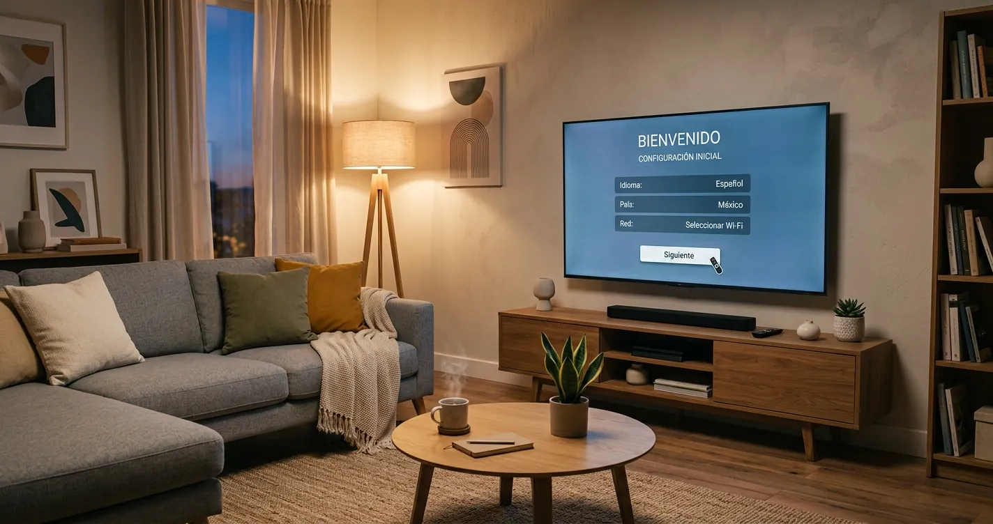 Configurar TV Vizio - Smart TV en sala de estar mostrando el menú de configuración inicial