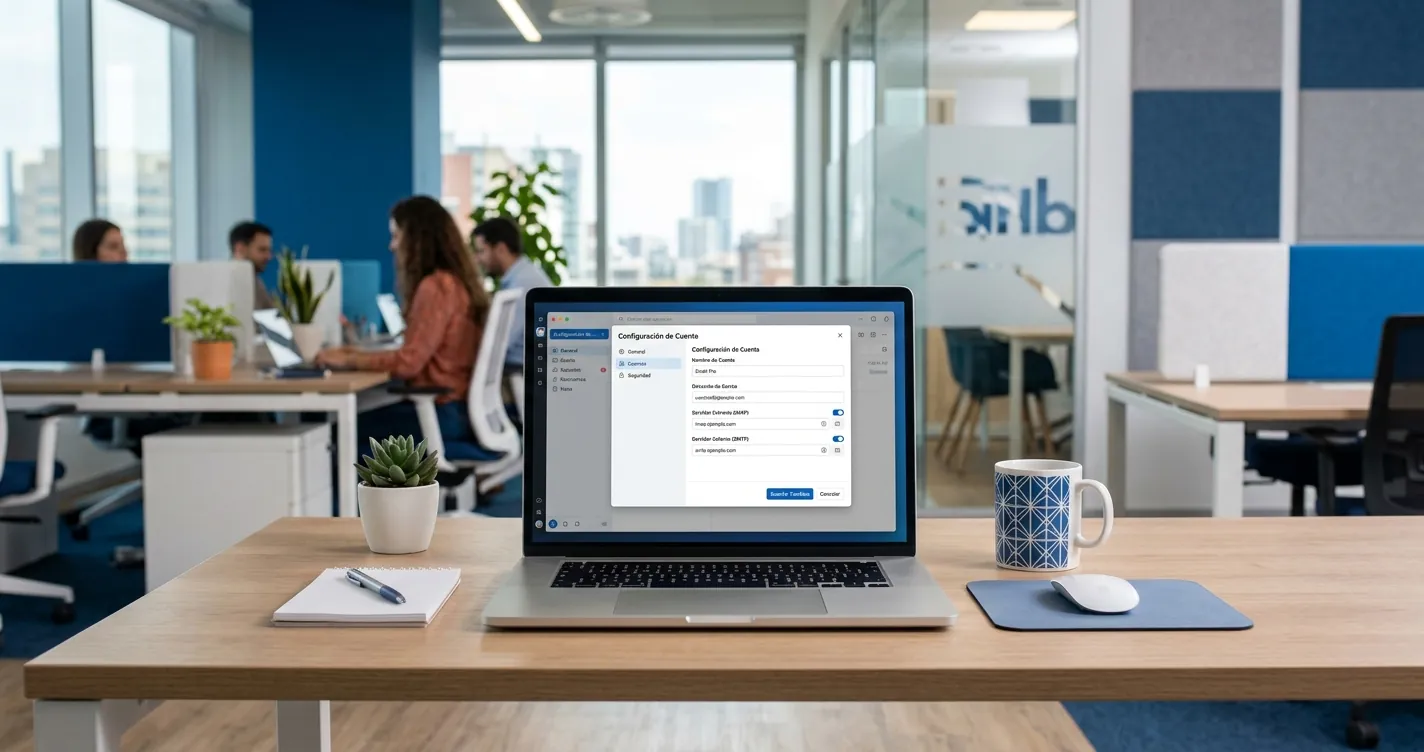 Configurar correo Prodigy en Outlook - laptop mostrando la pantalla de configuracion de una cuenta de correo
