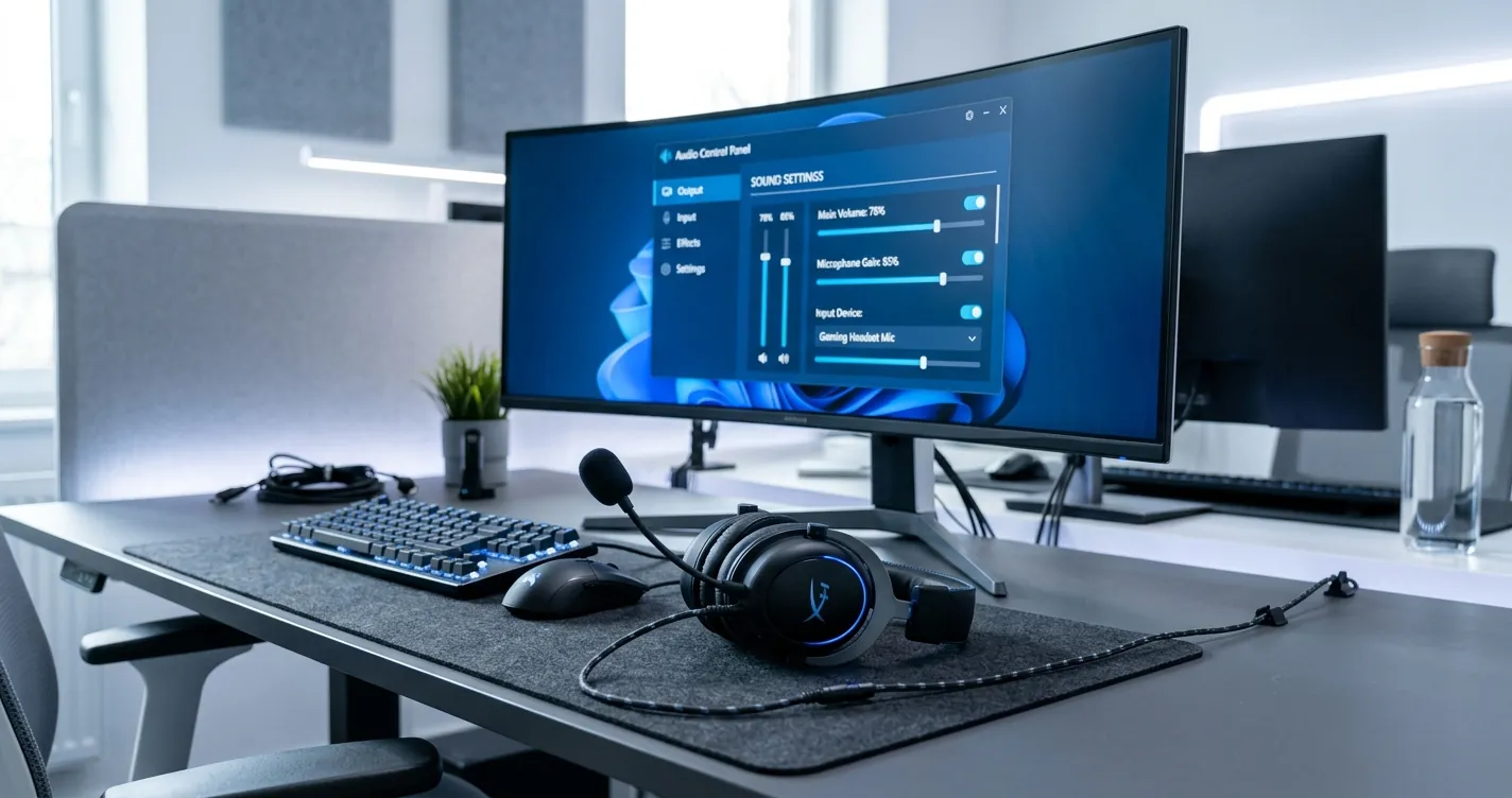 Configurar diadema con micrófono en PC - headset sobre escritorio junto a computadora con panel de sonido