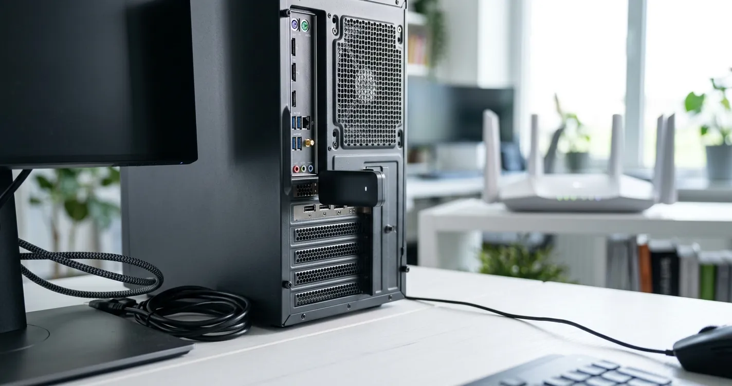 Adaptador WiFi USB conectado a una PC de escritorio para configurar la conexión inalámbrica en Windows