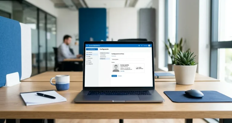 Configurar pie de firma en Outlook en la pantalla de una laptop sobre un escritorio de oficina