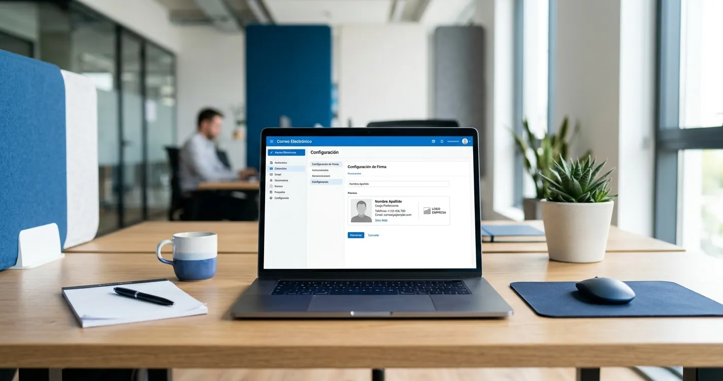 Configurar pie de firma en Outlook en la pantalla de una laptop sobre un escritorio de oficina