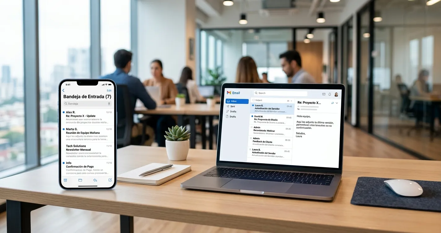 Configurar correo de Office 365 en Gmail mostrado en un smartphone y una laptop sobre un escritorio