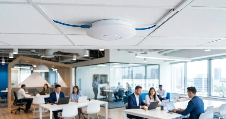 Configurar AP UniFi sin controller - access point inalámbrico montado en techo de oficina conectado por cable de red