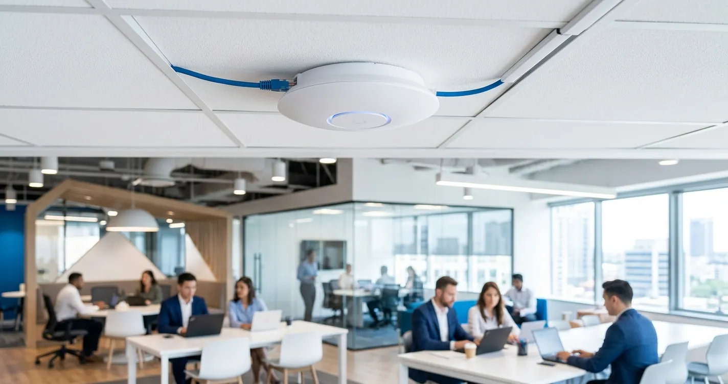 Configurar AP UniFi sin controller - access point inalámbrico montado en techo de oficina conectado por cable de red