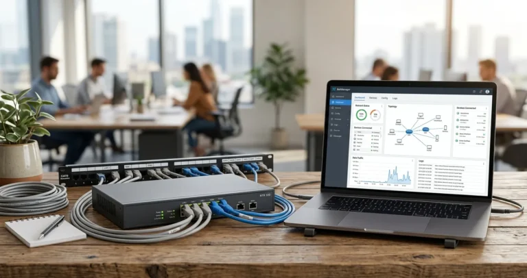 Configurar router MikroTik desde cero - router de red conectado a una laptop con panel de administración