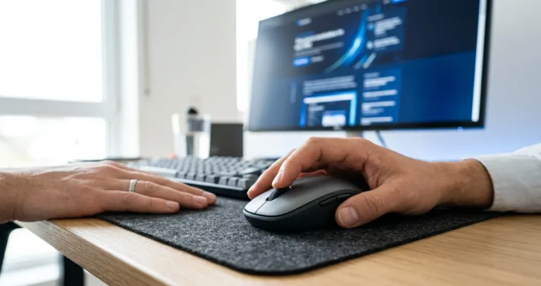 Configurar el scroll del mouse - mano girando la rueda de un mouse frente a una pantalla en desplazamiento