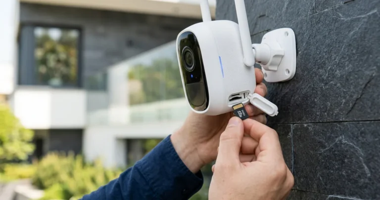 Configurar cámara de seguridad con tarjeta SD - mano insertando microSD en cámara WiFi para grabación local