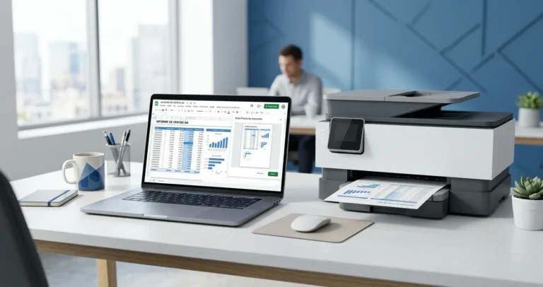 Configurar impresion en Excel - laptop con hoja de calculo en vista previa de impresion junto a impresora de oficina