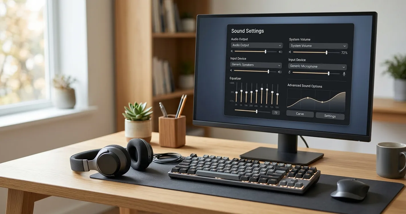 Configurar audífonos en la computadora - audífonos junto a un monitor con ajustes de sonido en Windows