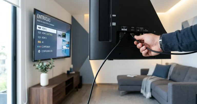 Configurar HDMI en TV Samsung - Persona conectando cable HDMI en la parte trasera del televisor