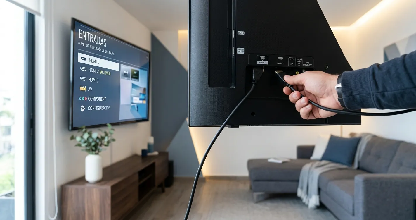 Configurar HDMI en TV Samsung - Persona conectando cable HDMI en la parte trasera del televisor