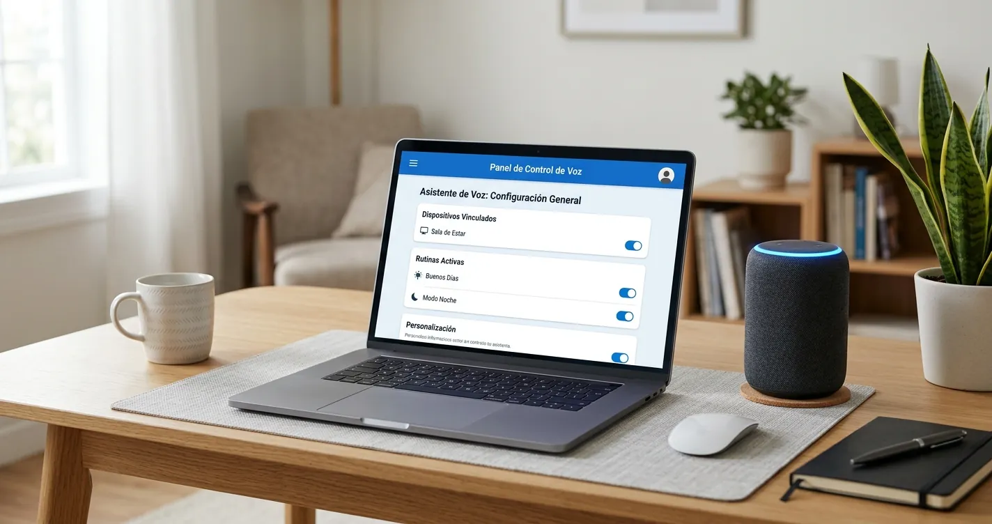 Amazon Alexa configurar desde PC - laptop con panel de configuración web junto a parlante inteligente Echo