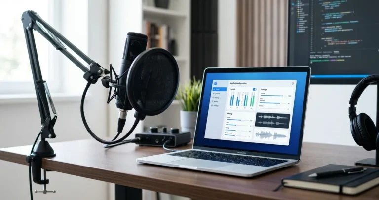 Configurar micrófono externo en PC - micrófono de condensador conectado a una laptop con panel de audio en pantalla