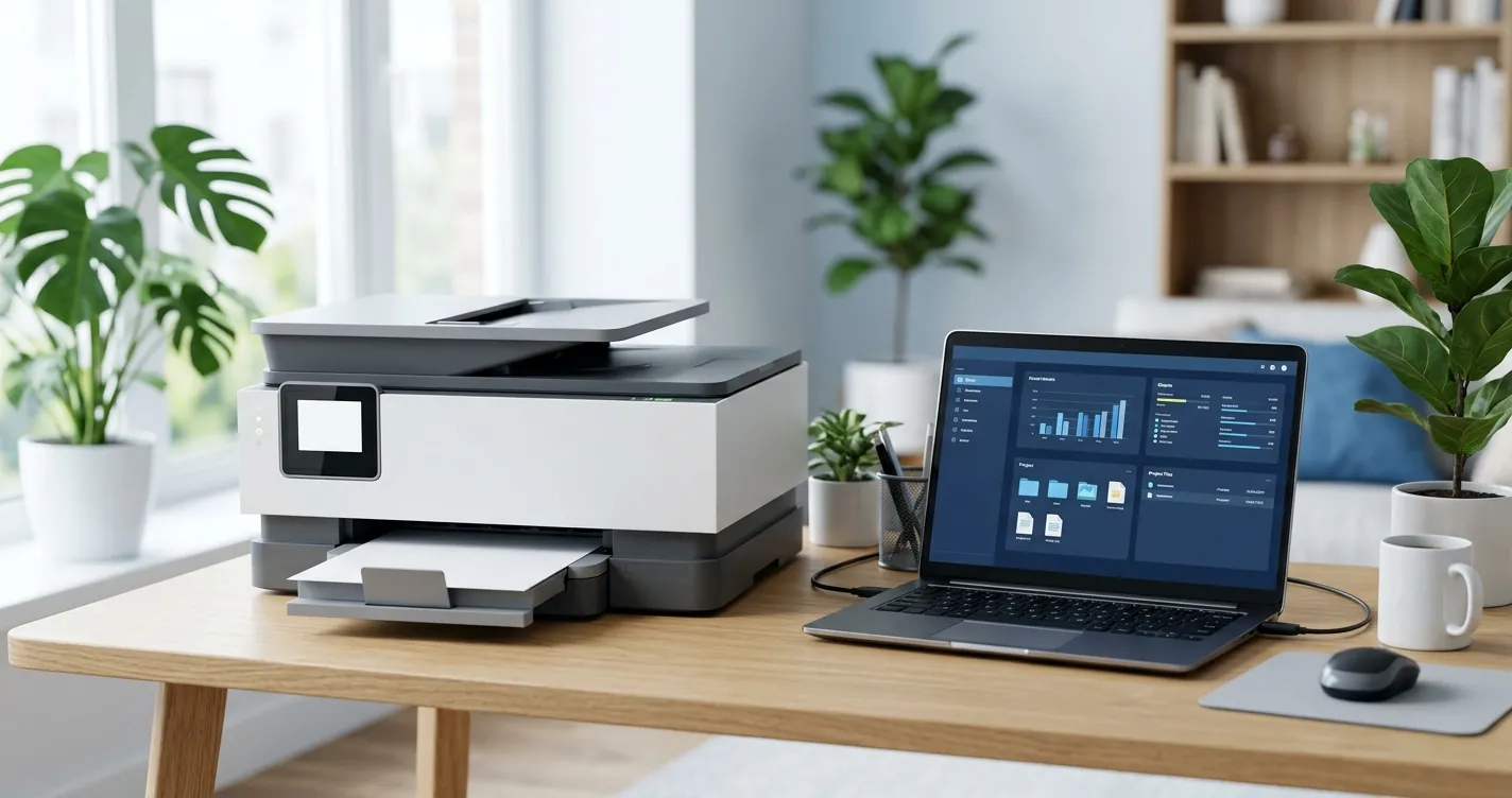 Configurar impresora Canon a laptop - impresora multifunción conectada por WiFi a una laptop en un escritorio