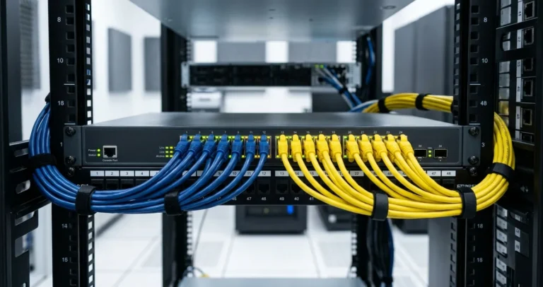 Configurar switch de red gestionable - switch en rack con cables Ethernet conectados y LEDs encendidos