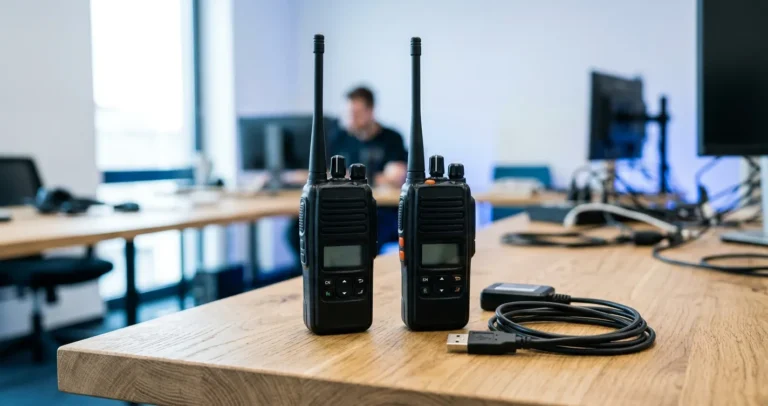 Configurar radio Motorola - dos radios walkie-talkie portátiles con cable de programación sobre una mesa