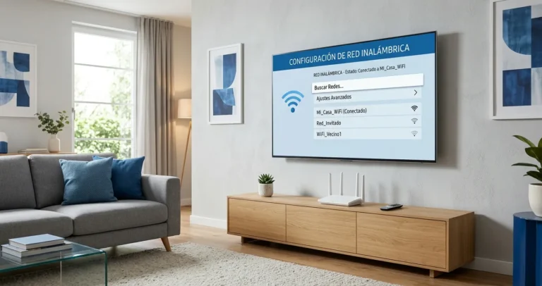 Configurar WiFi en Smart TV Samsung - televisor mostrando menú de configuración de red inalámbrica en sala moderna