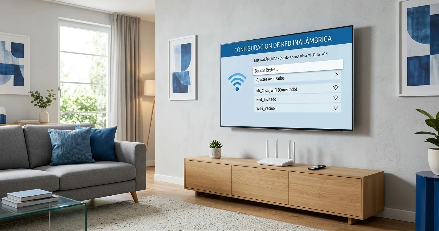 Configurar WiFi en Smart TV Samsung - televisor mostrando menú de configuración de red inalámbrica en sala moderna