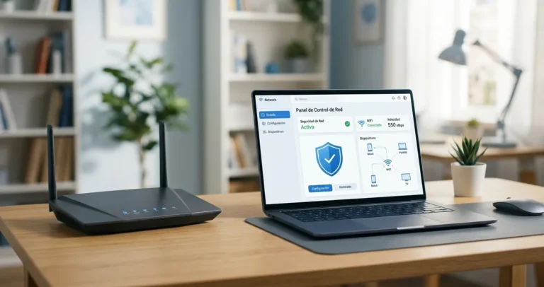Configurar firewall en router - Router WiFi junto a laptop mostrando el panel de seguridad de la red